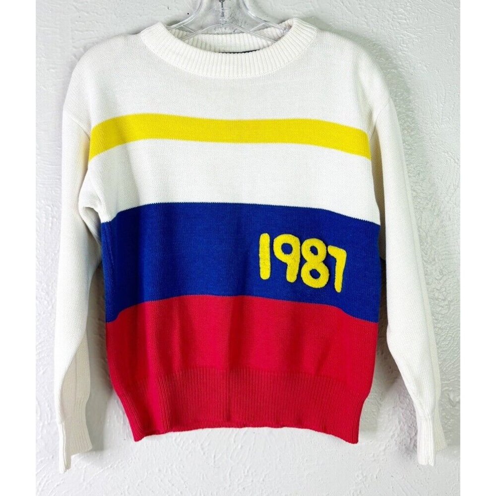 Vtg 1987 Lizwear Small Petite Soft Sweater Striped Red White Blue Yellow  EUC
